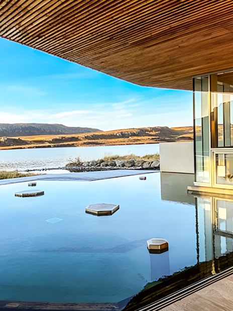 Vök Baths geothermal pool with lake view in Egilsstaðir, Iceland.