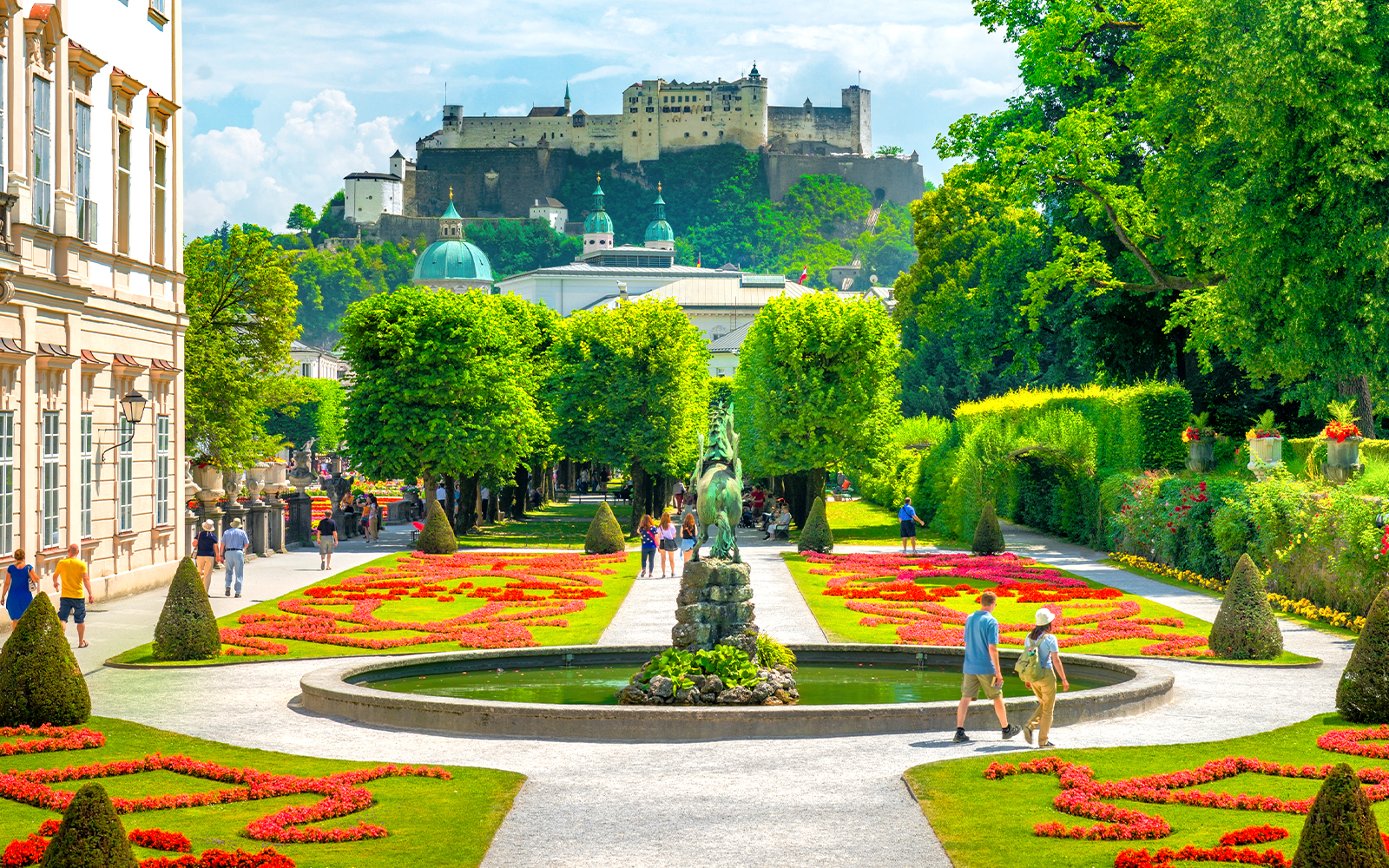 Mirabell Gardens with Hohensalzburg Fortress in Salzburg, Austria, featured on the Original Sound of Music Tour.