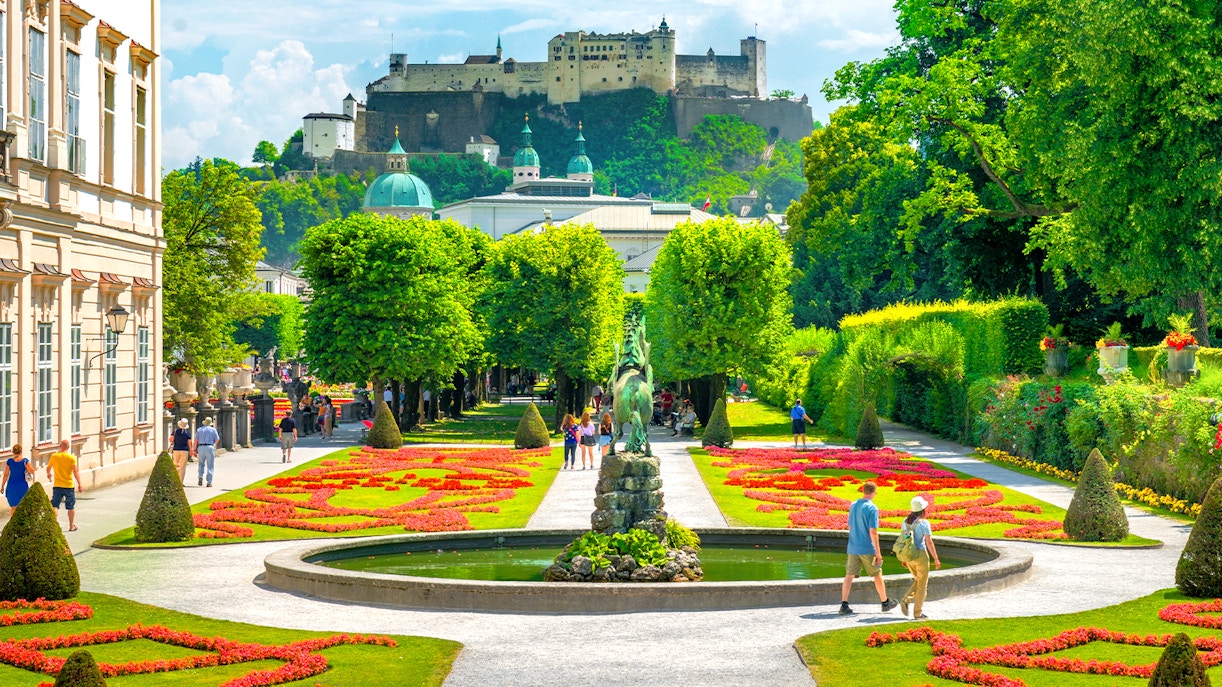 Mirabell Gardens with Hohensalzburg Fortress in Salzburg, Austria, featured on the Original Sound of Music Tour.