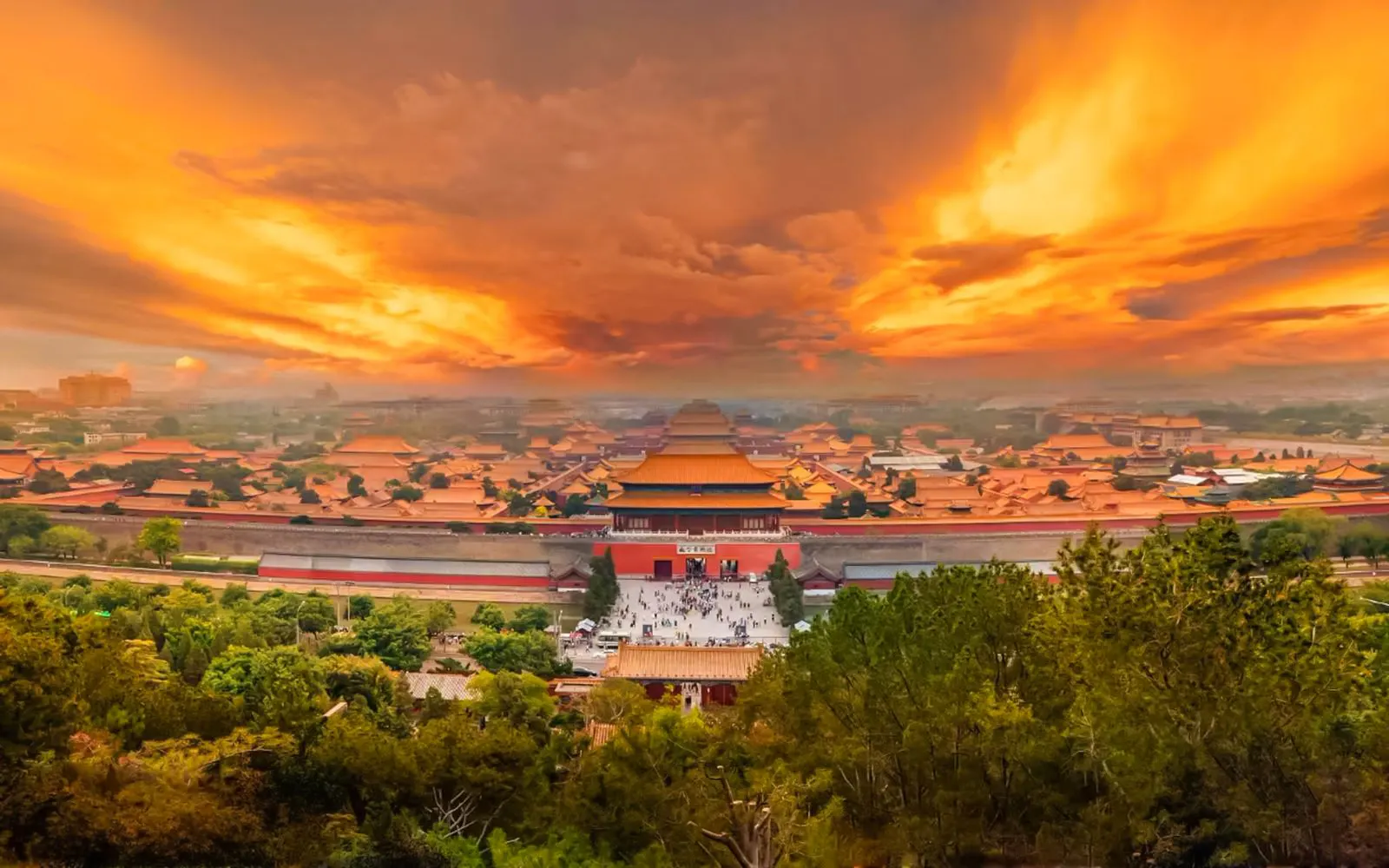Forbidden City in Beijing viewed from Jingshan Park at sunset.