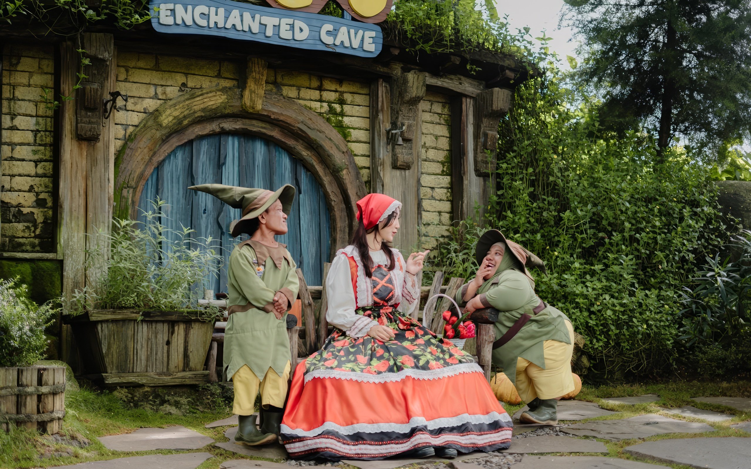 Characters in fairy tale costumes outside Enchanted Cave at Dairyland Farm Theme Park Puncak.