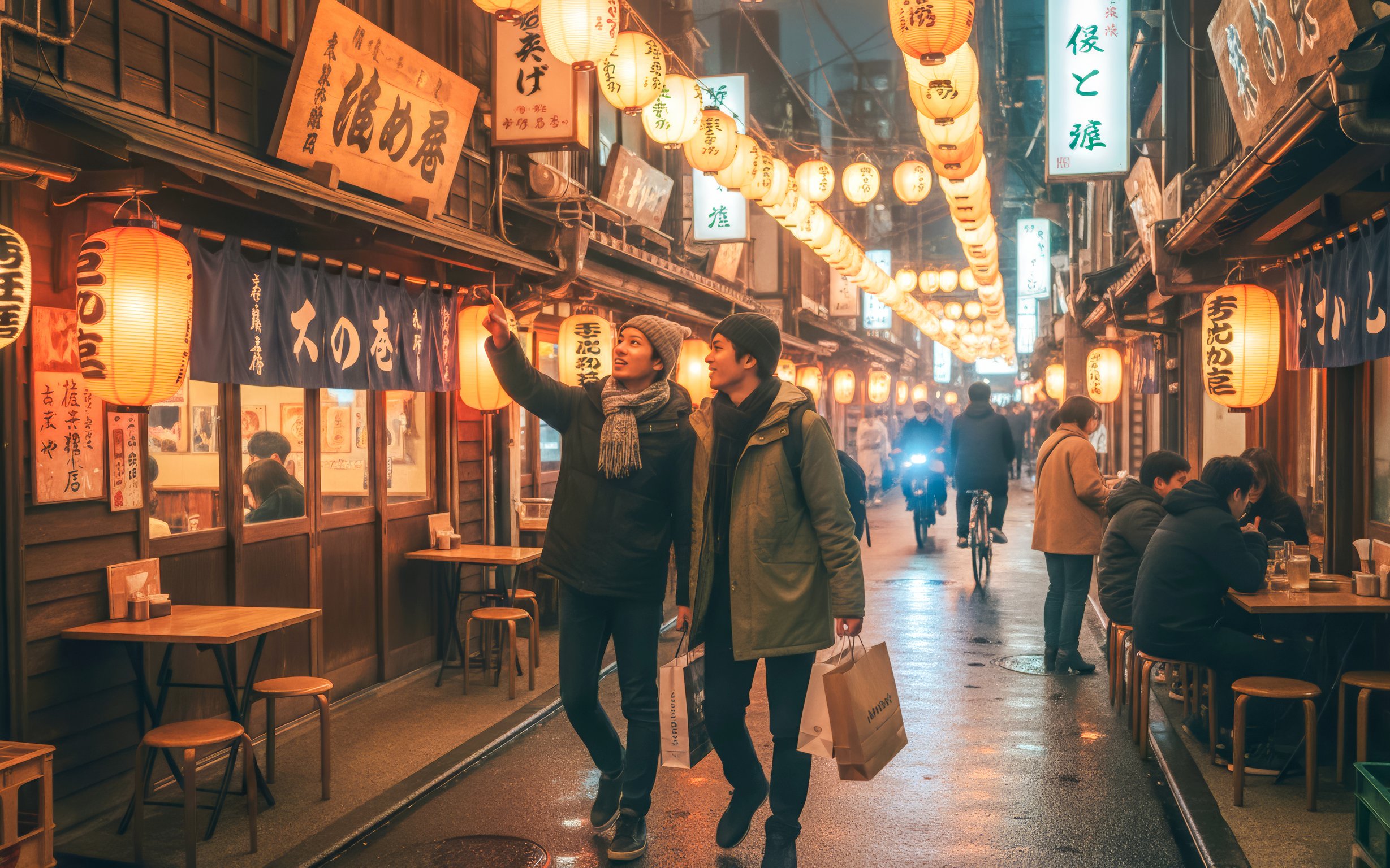 Tourists exploring Shibuya's vibrant street food scene in Tokyo, Japan.