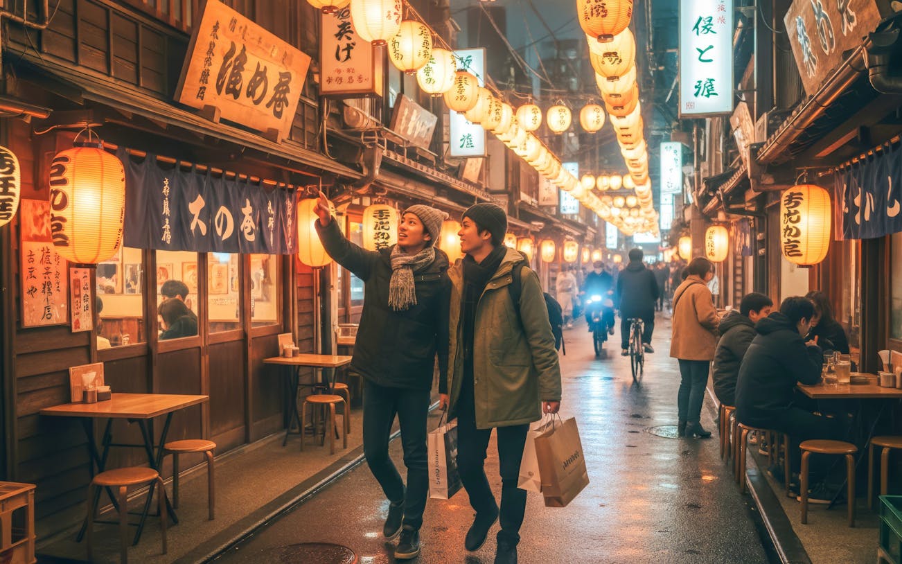 Tourists exploring Shibuya's vibrant street food scene in Tokyo, Japan.