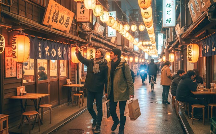 Tourists exploring Shibuya's vibrant street food scene in Tokyo, Japan.