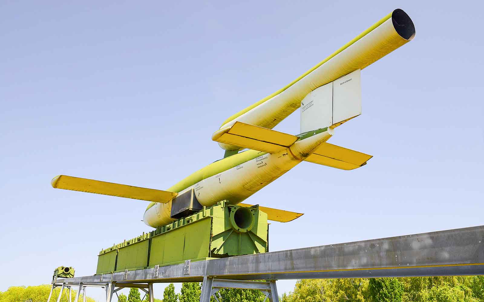 Replica V1 Rocket on launch ramp at Val Ygot d'Ardouval, Ardouval, France.