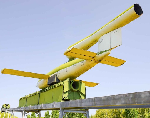 Replica V1 Rocket on launch ramp at Val Ygot d'Ardouval, Ardouval, France.