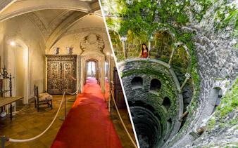 Pena Palace ornate hallway and Quinta da Regaleira's Initiation Well in Sintra, Portugal.