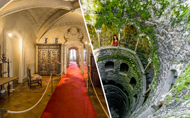 Pena Palace ornate hallway and Quinta da Regaleira's Initiation Well in Sintra, Portugal.