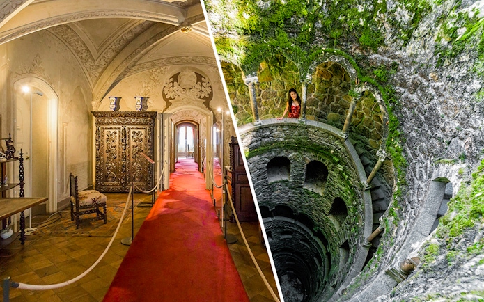 Pena Palace ornate hallway and Quinta da Regaleira's Initiation Well in Sintra, Portugal.