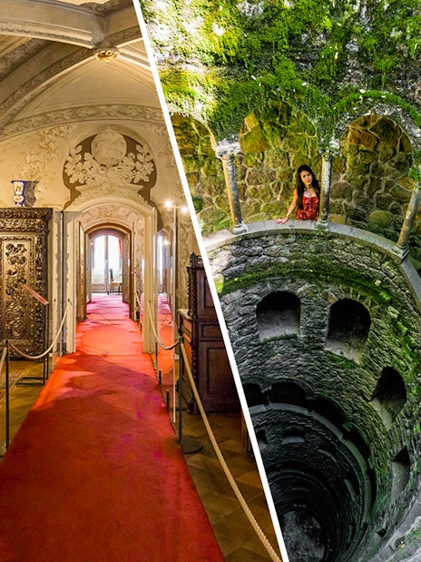 Pena Palace ornate hallway and Quinta da Regaleira's Initiation Well in Sintra, Portugal.