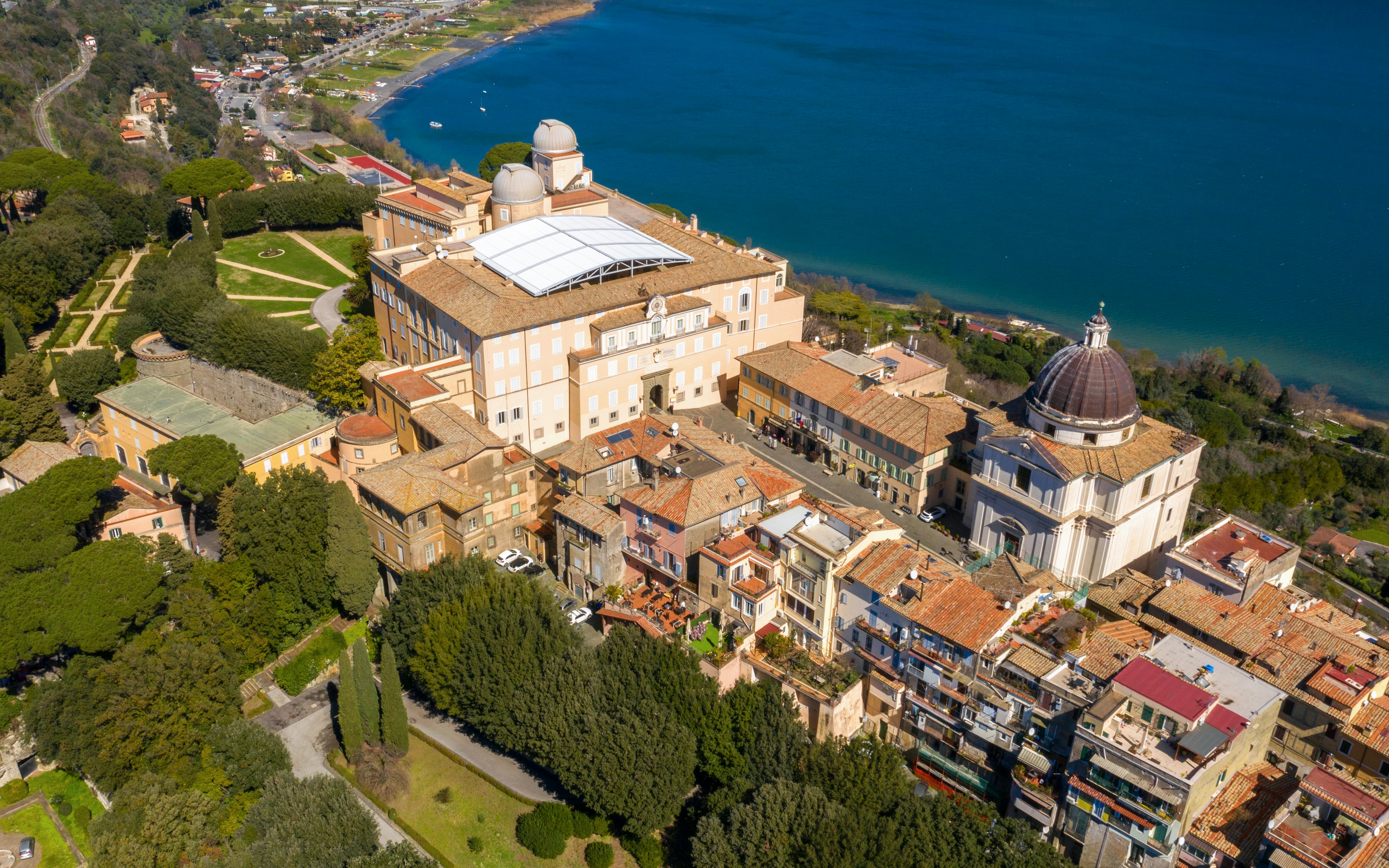 Aerial view of the Papal Palace of Castel Gandolfo, near Rome, Italy.