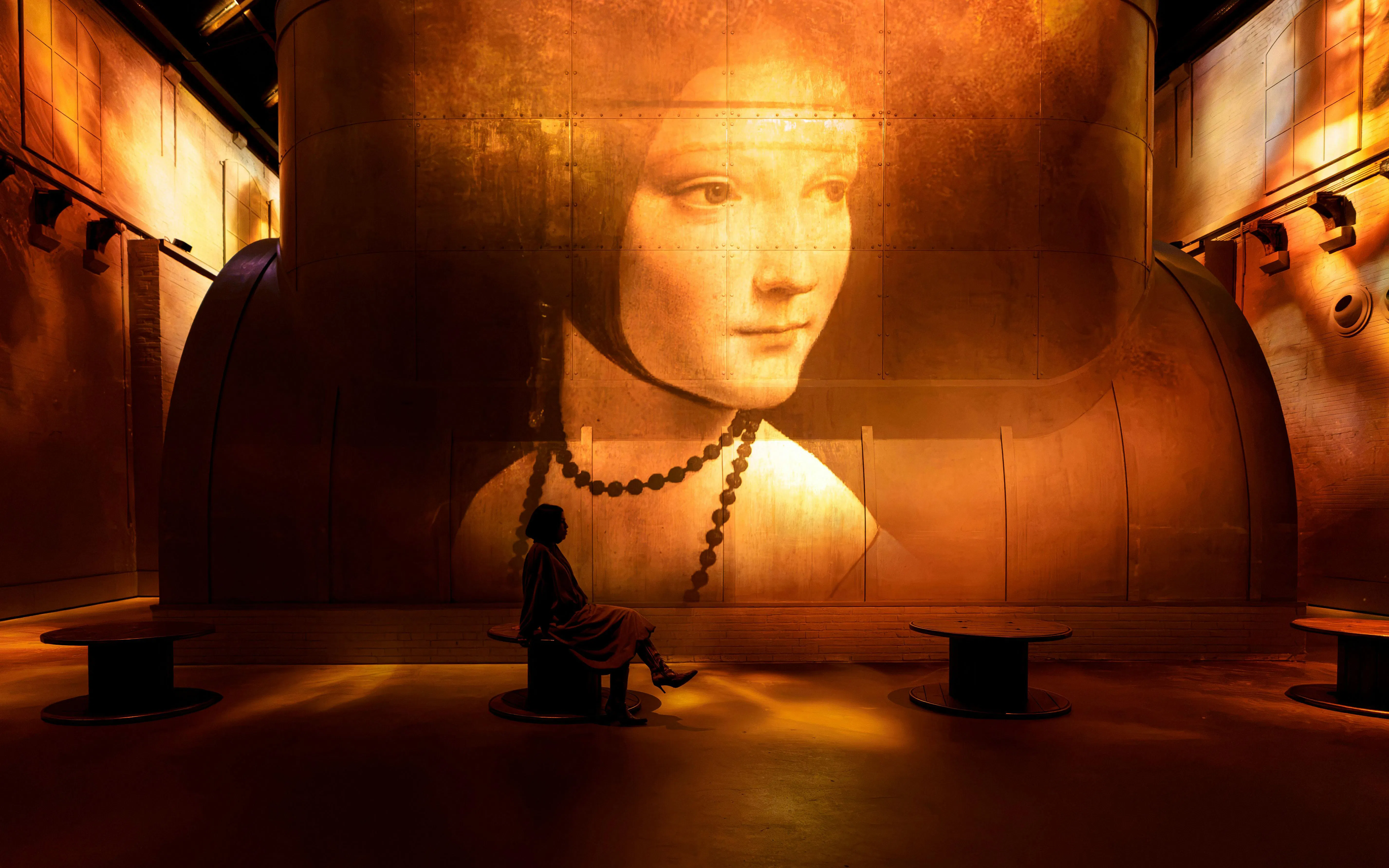 Projection of Da Vinci's Lady with an Ermine in an art exhibit setting.