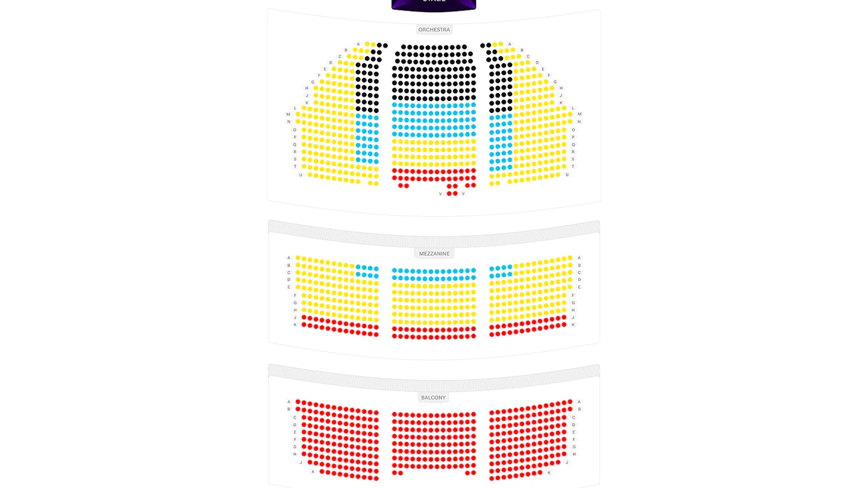 Shubert Theater seating map showing orchestra, mezzanine, and balcony sections.