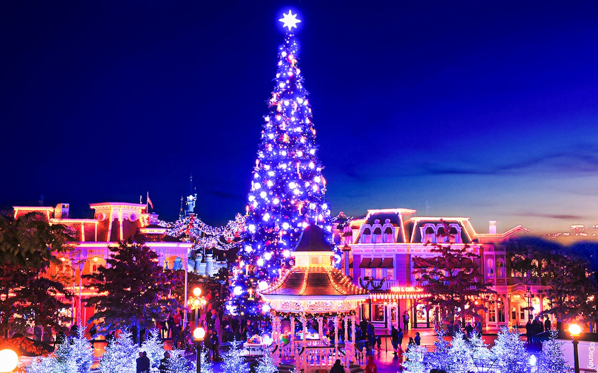 Disneyland Christmas 2025 celebration with illuminated tree and festive decorations.