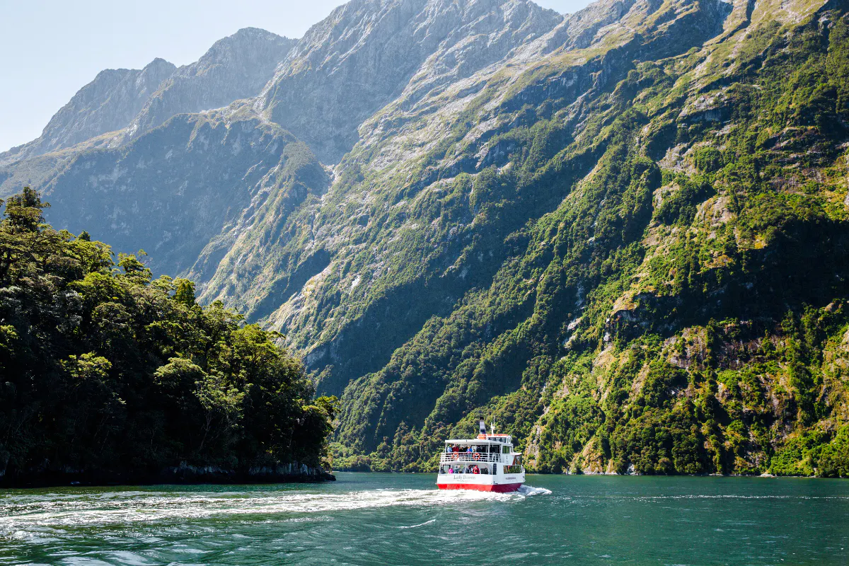 Cruise boat navigating Milford Sound fjord with lush mountains, Te Anau tour.