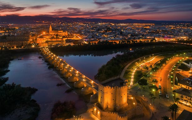 Night view of illuminated Roman Bridge and Calahorra Tower in Córdoba, Spain.