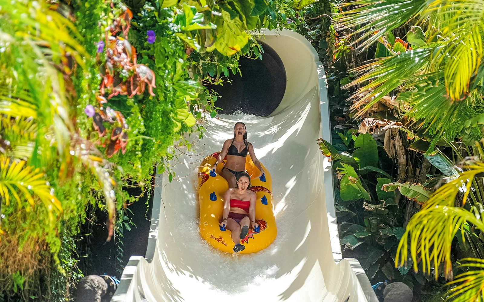 Group of excited tourists enjoying a thrilling water slide ride with Skip-the-Line Tickets at Siam Park, Tenerife