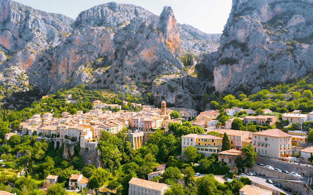Hilltop village surrounded by cliffs in Gorges du Verdon, France.