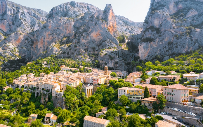 Hilltop village surrounded by cliffs in Gorges du Verdon, France.
