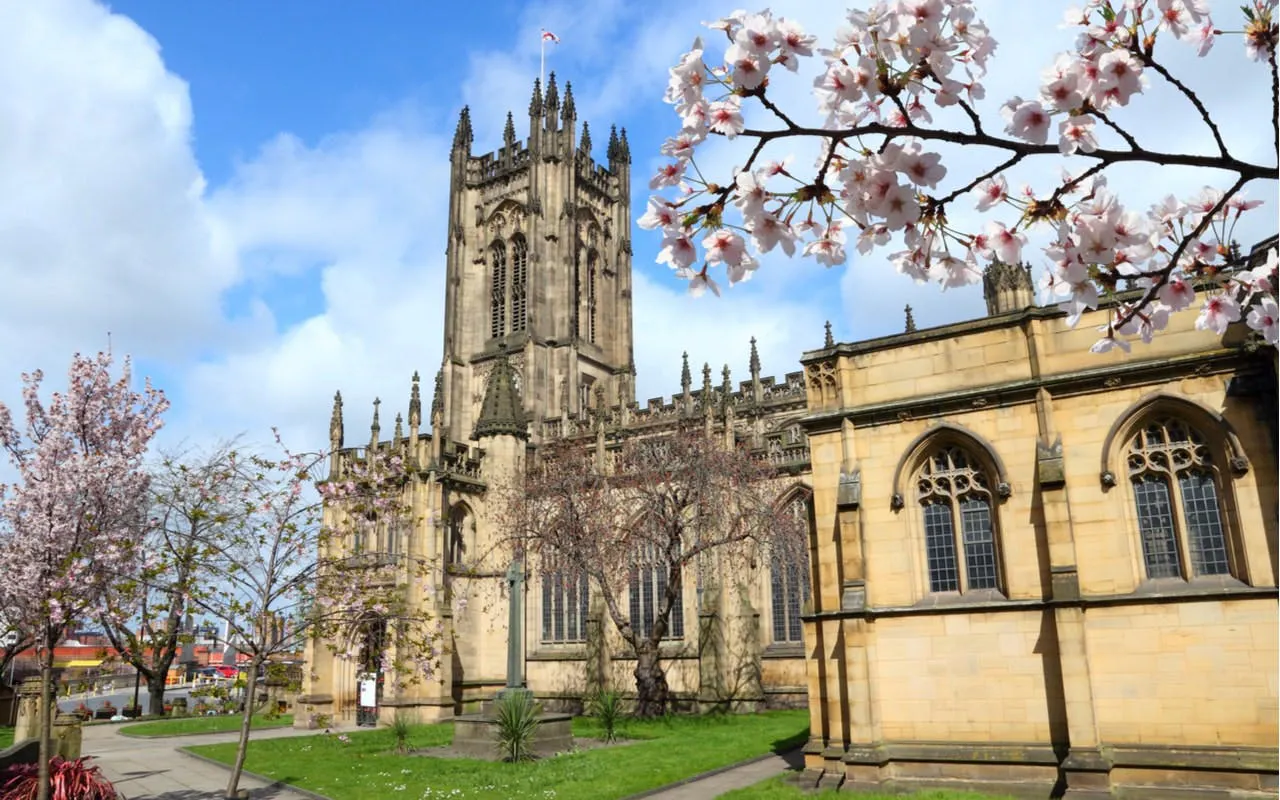 Manchester Cathedral with cherry blossoms in spring, part of the self-guided city exploration game.