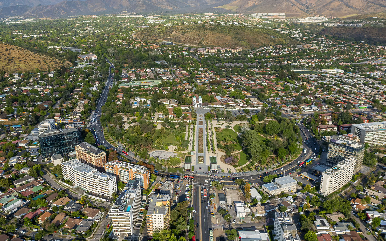 Aerial view of Plaza de Armas and Church of San Vicente de Ferrer de Los Dominicos in Santiago, Chile.