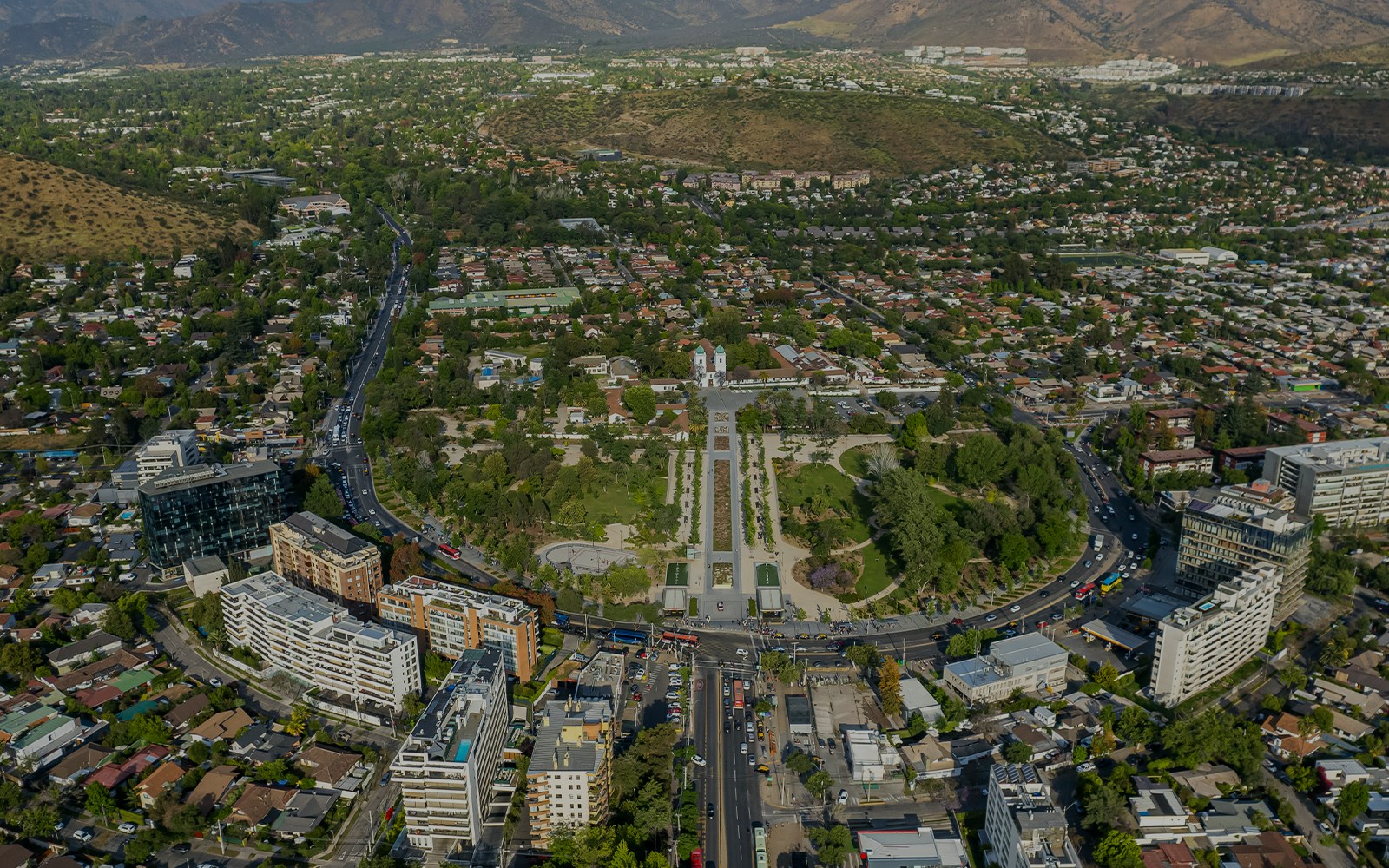 Aerial view of Plaza de Armas and Church of San Vicente de Ferrer de Los Dominicos in Santiago, Chile.