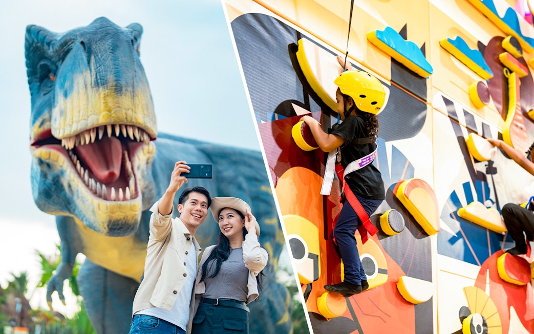 Couple taking selfie with dinosaur statue; child climbing at Safari Escape Playland.