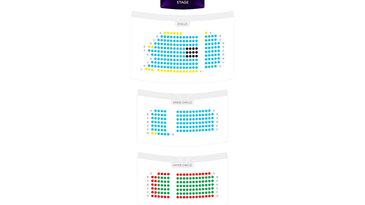 Fortune Theatre seating map showing stalls, dress circle, and upper circle sections.