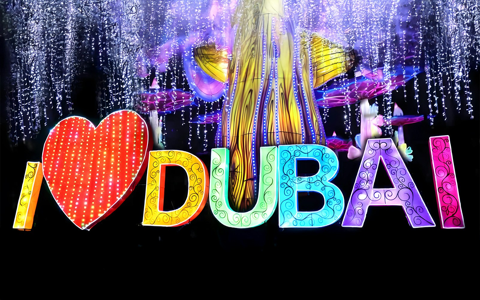 I Love Dubai sign at Dubai Garden Glow with illuminated decorations