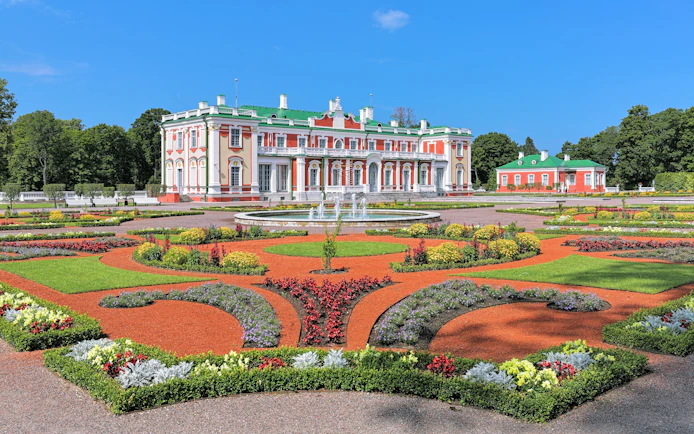 Kadriorg Palace with flower garden and fountains in Tallinn, Estonia.