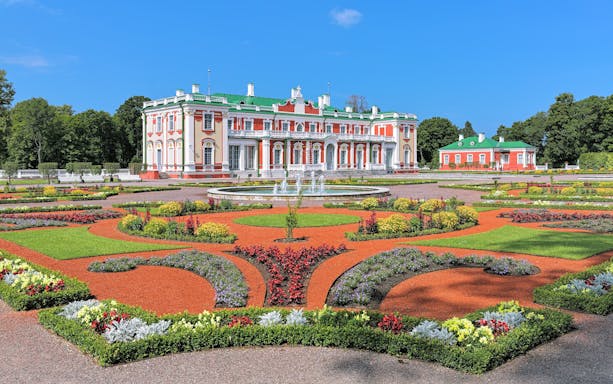 Kadriorg Palace with flower garden and fountains in Tallinn, Estonia.