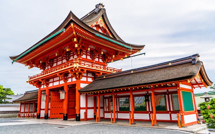 Fushimi Inari Taisha Shrine entrance gate in Kyoto, Japan, part of a sake tasting tour.