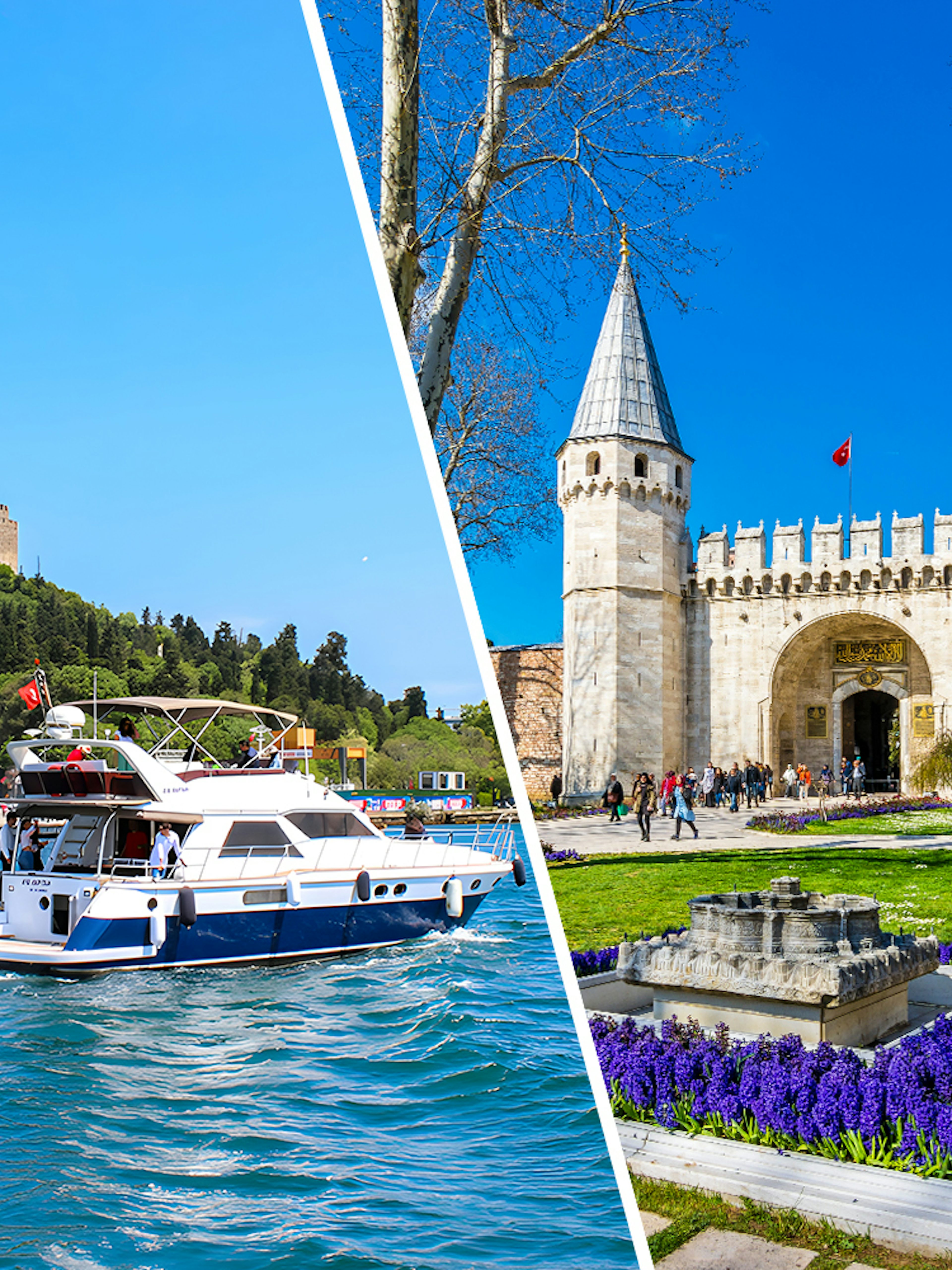 Bosphorus cruise boat near Rumeli Fortress and entrance of Topkapi Palace, Istanbul.