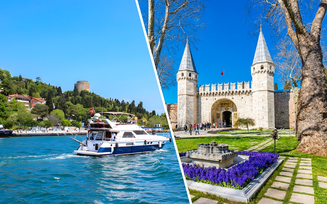 Bosphorus cruise boat near Rumeli Fortress and entrance of Topkapi Palace, Istanbul.