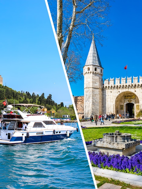 Bosphorus cruise boat near Rumeli Fortress and entrance of Topkapi Palace, Istanbul.