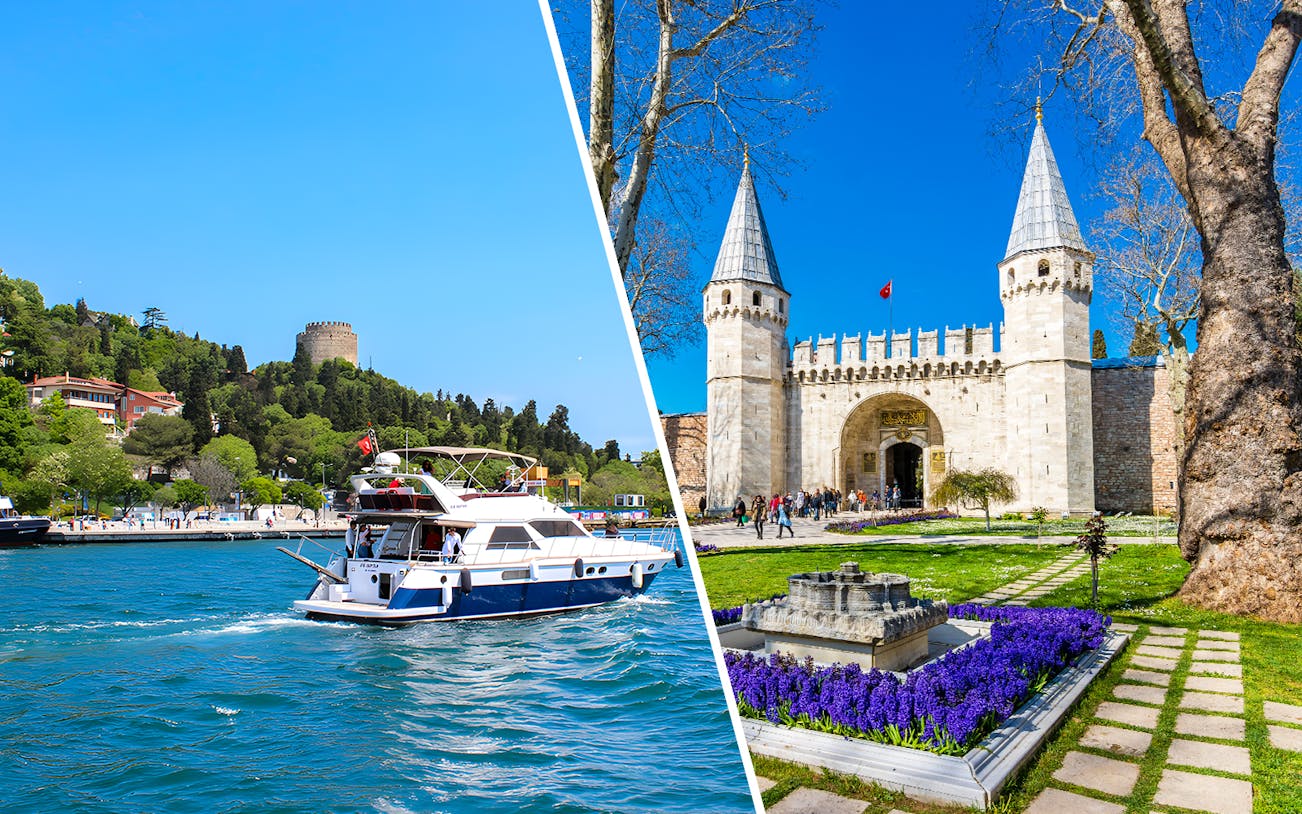 Bosphorus cruise boat near Rumeli Fortress and entrance of Topkapi Palace, Istanbul.