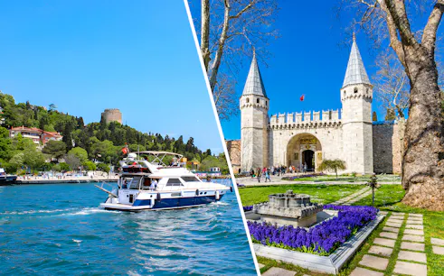 Bosphorus cruise boat near Rumeli Fortress and entrance of Topkapi Palace, Istanbul.