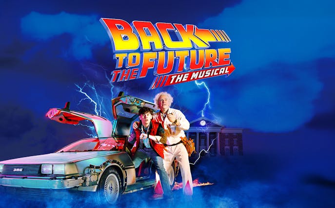 Back to the Future the Musical poster with characters and DeLorean car