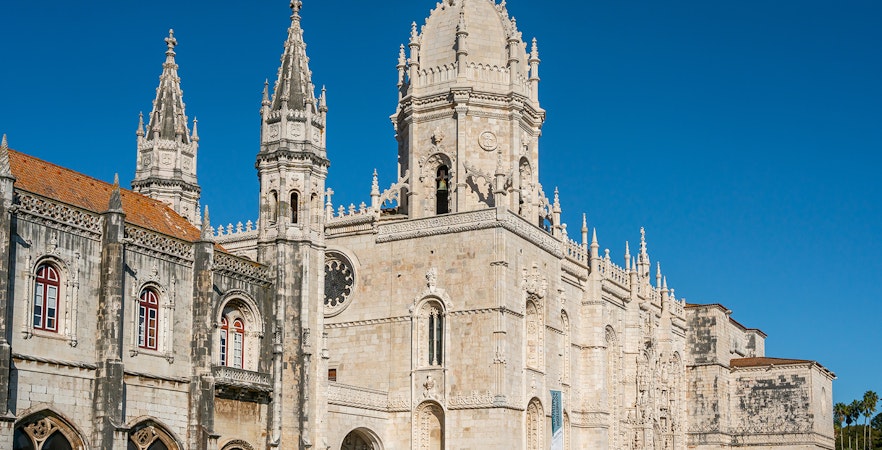 Church of Santa Maria de Belém with ornate Gothic architecture in Lisbon, Portugal.