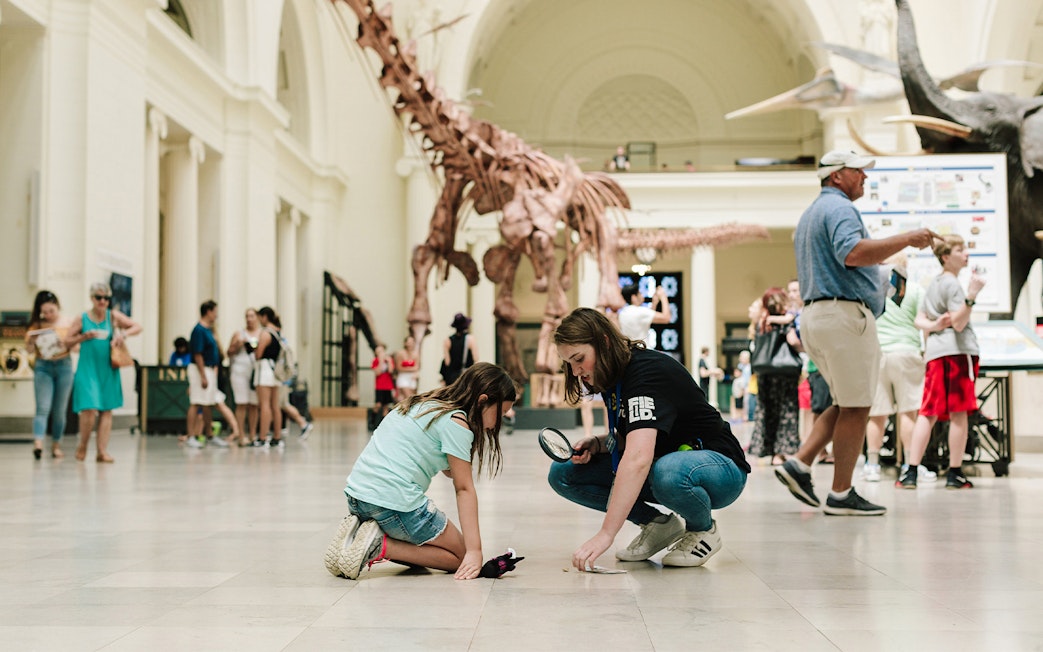 Children exploring dinosaur exhibit at Chicago's Field Museum.