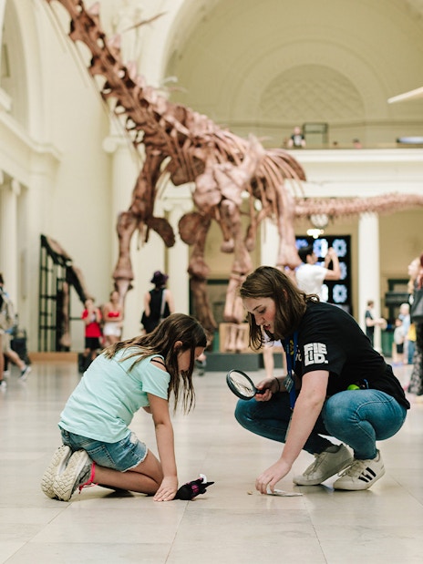 Children exploring dinosaur exhibit at Chicago's Field Museum.