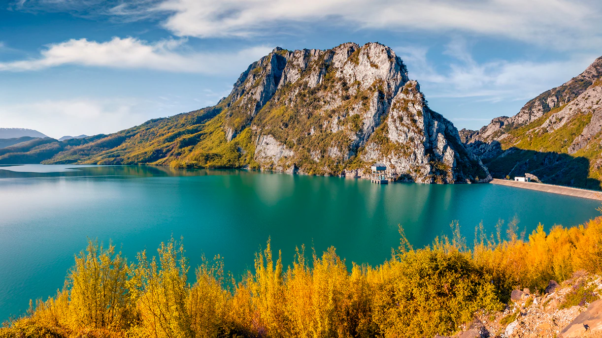 Gamti Mountain view with Bovilla Lake during hiking tour.