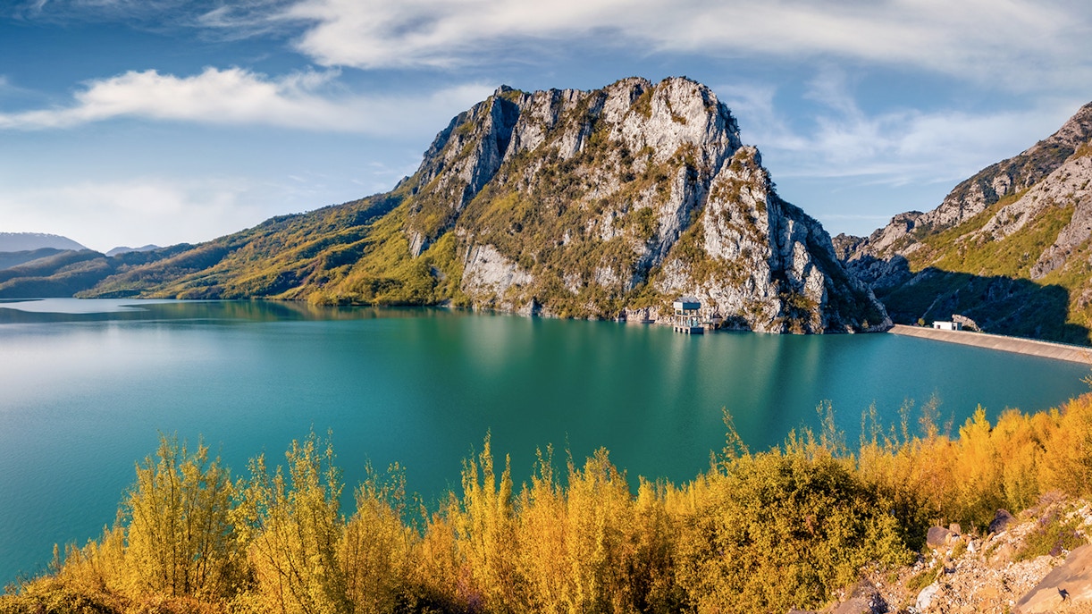 Gamti Mountain view with Bovilla Lake during hiking tour.