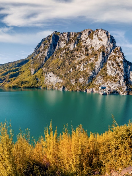 Gamti Mountain view with Bovilla Lake during hiking tour.