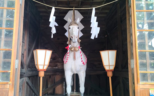 Sacred horse statue, shimma, at Fuji Omuro Sengen Shrine, Japan.