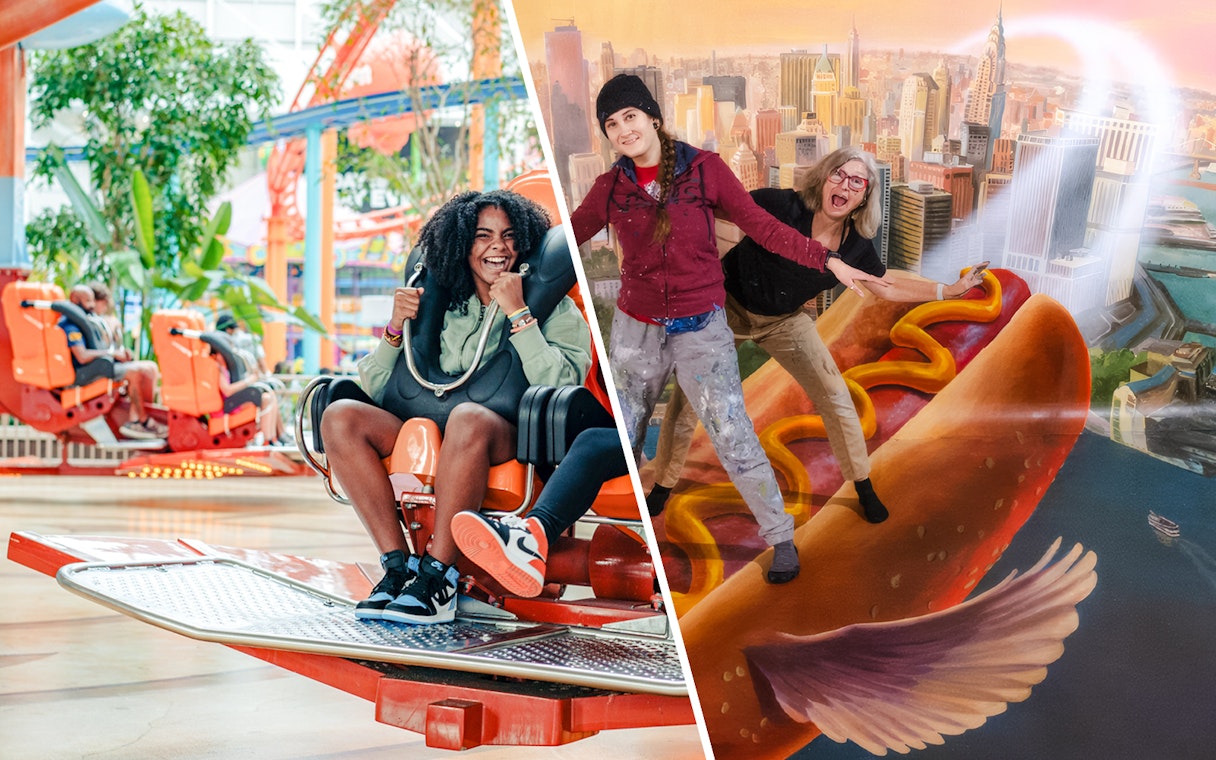 Thrill ride at American Dream mall and visitors posing with New York City mural.
