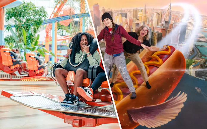 Thrill ride at American Dream mall and visitors posing with New York City mural.