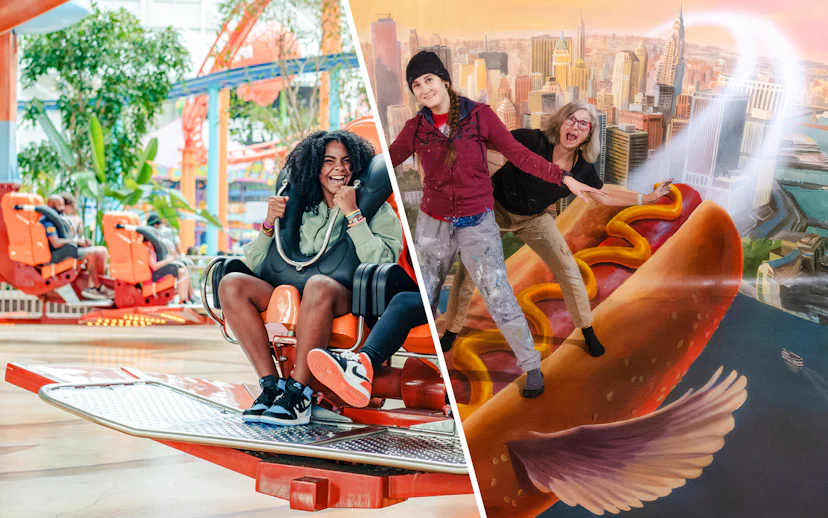 Thrill ride at American Dream mall and visitors posing with New York City mural.