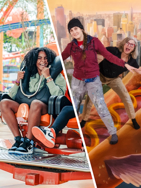Thrill ride at American Dream mall and visitors posing with New York City mural.