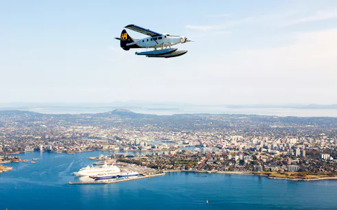 Seaplane flying over Victoria's coastline with cityscape and islands in view.